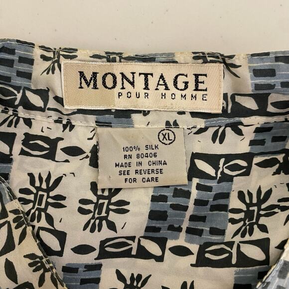 Vtg‎ 90s Button Up Mens Size XL 100% Silk Band Collar Batik Print Cabana Friends - Picture 4 of 8